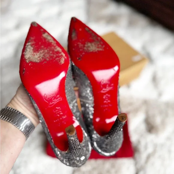 Christian louboutin sequin DECOLTISSIMO 100 SILVER PAILLETTES pointed toe heel - Picture 4 of 14